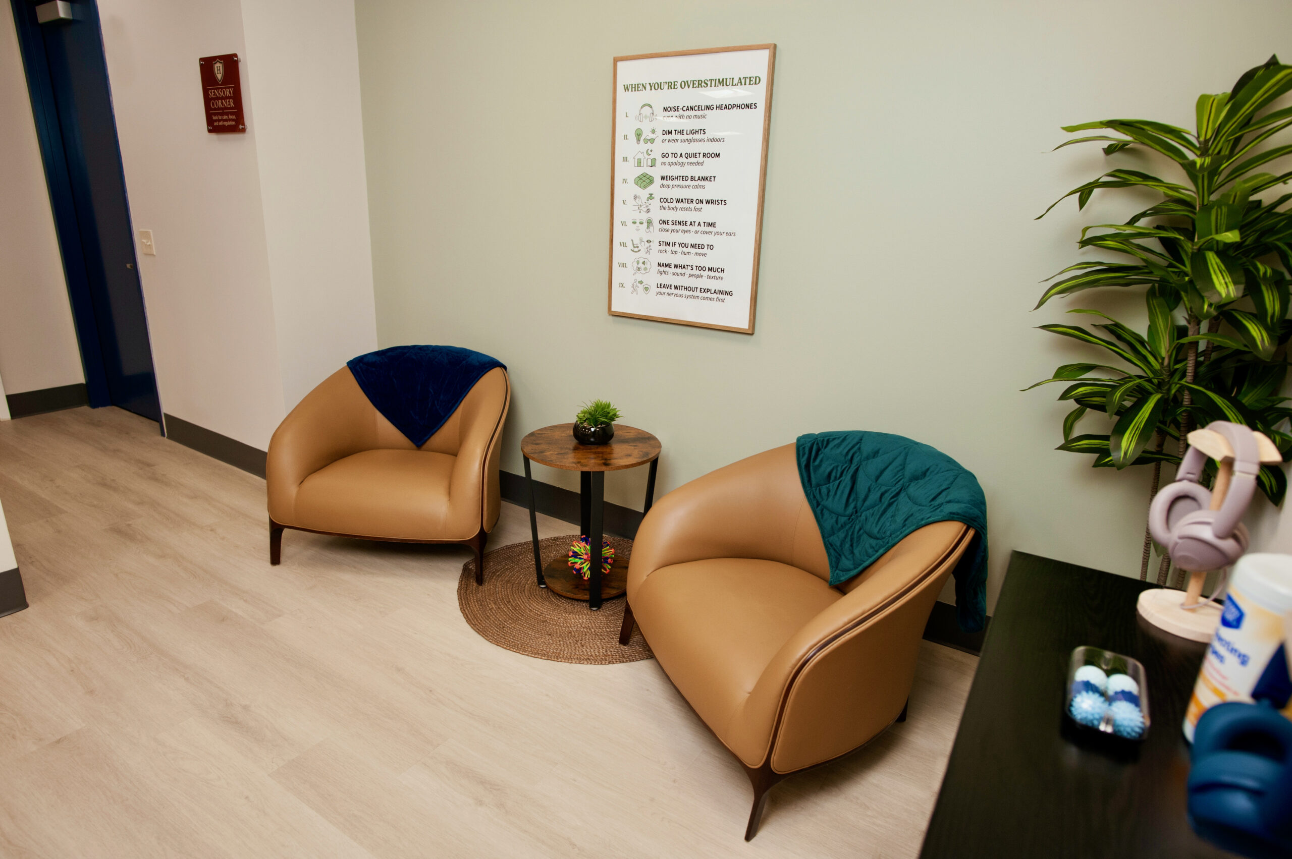 Sensory Corner at Holgate Mental Health with two armchairs and a "When You're Overstimulated" sign of calming steps