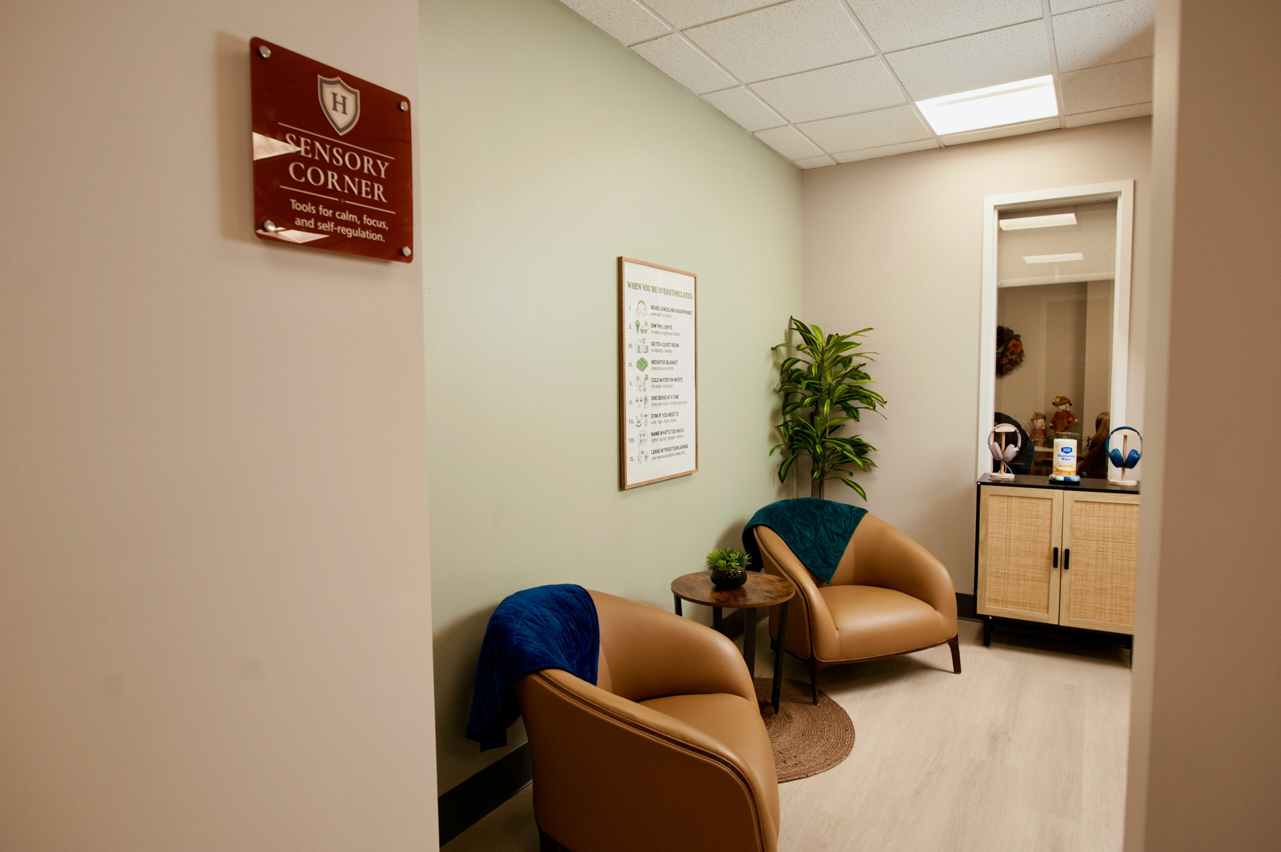 Sign reading "Sensory Corner: Tools for calm, focus, and self-regulation" beside a seating nook at Holgate Mental Health